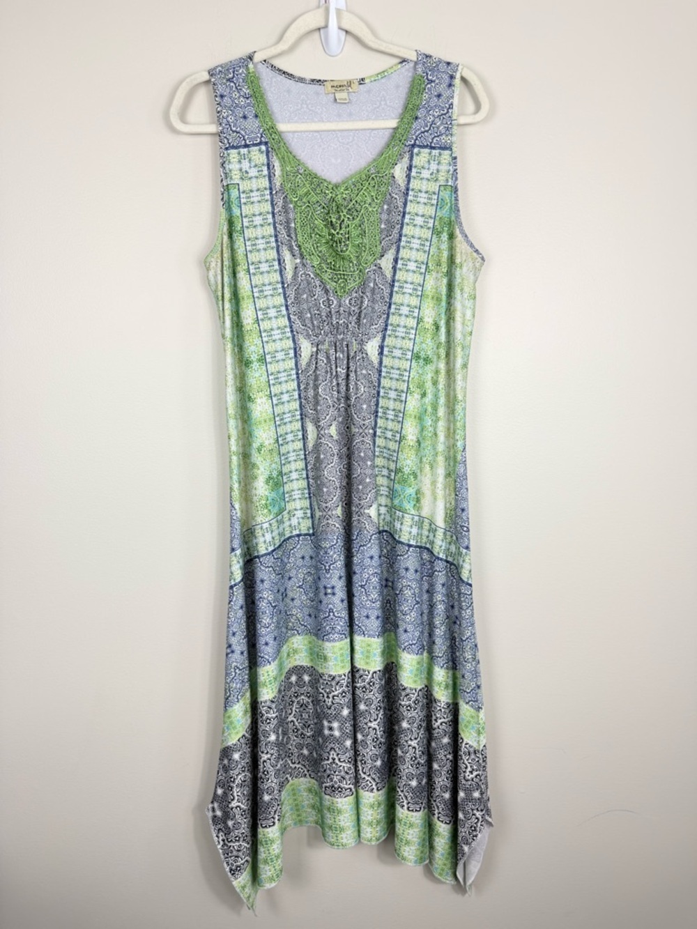 One World Midi Dress Womens Medium Blue Green Crochet Sequins Sleeveless Summer
